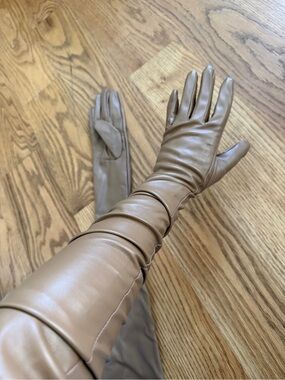 Long Tan Leather Gloves for Women faux leather